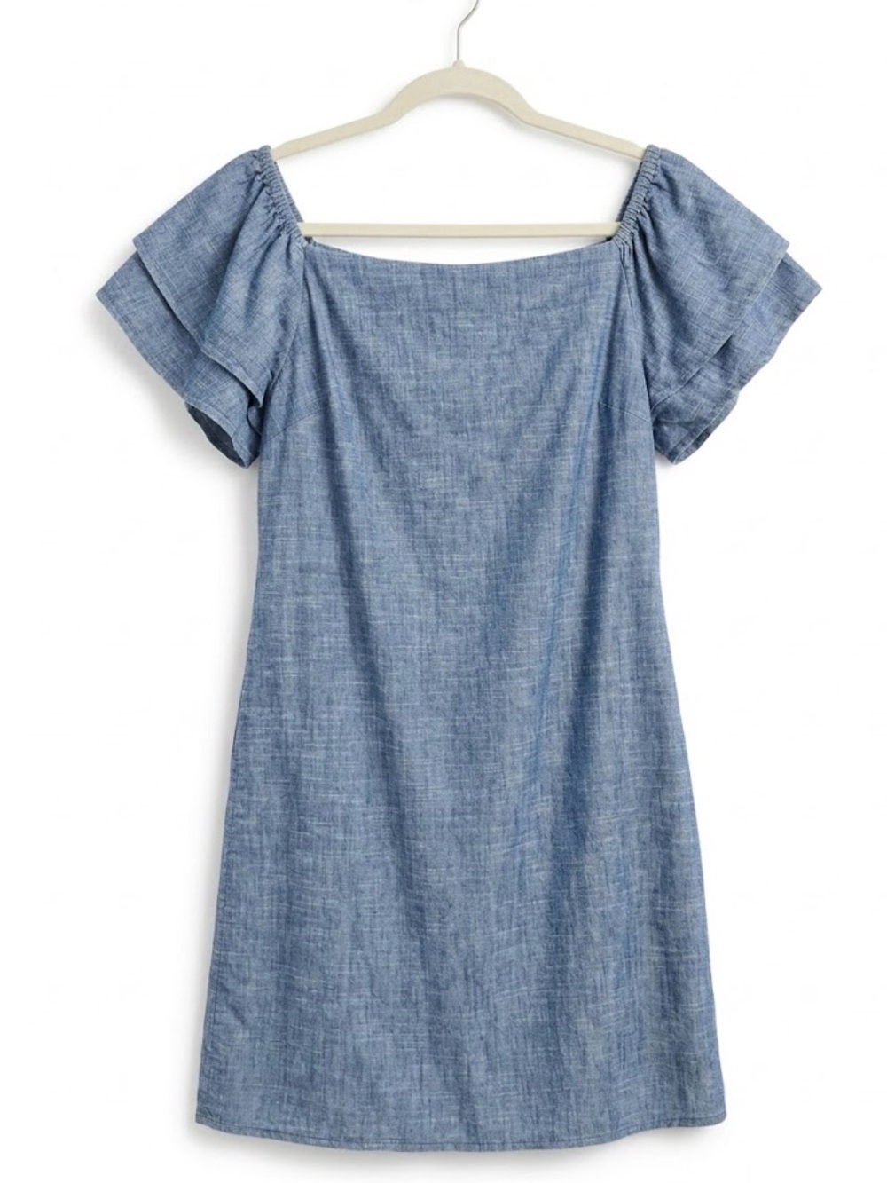 Alice + Olivia Chambray Off-Shoulder Short Dress in Light Blue